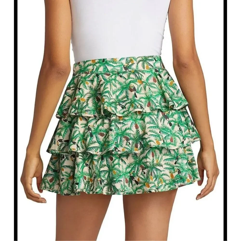 Farm Rio Tropical Toucans Print Ruffles Layered Mini Skirt Green Size Small - Picture 3 of 9
